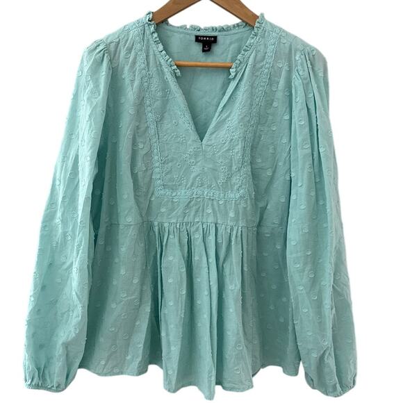 Torrid Plus Clip‎ Dot Mixed Eyelet Yoke Peasant Top Blue Size 1X - Picture 4 of 11